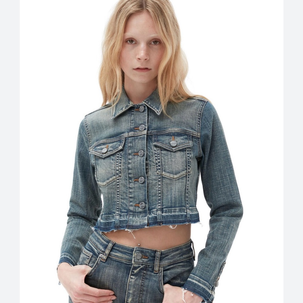 Ganni Cropped Denim Jacket blue size 38